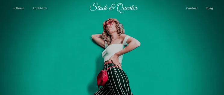 Stock and Quarter template by GoDaddy, featuring a woman posing against a green background