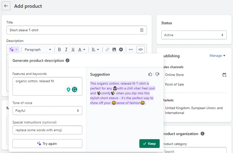 screensot of shopify's text generation with a sub menu for putting in prompts