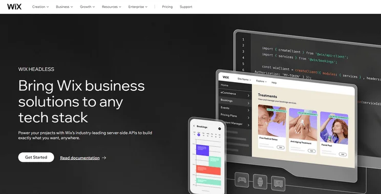 screenshot of wix headless, showing three layouts of wix on a phone, computer screen and developer console on a black background