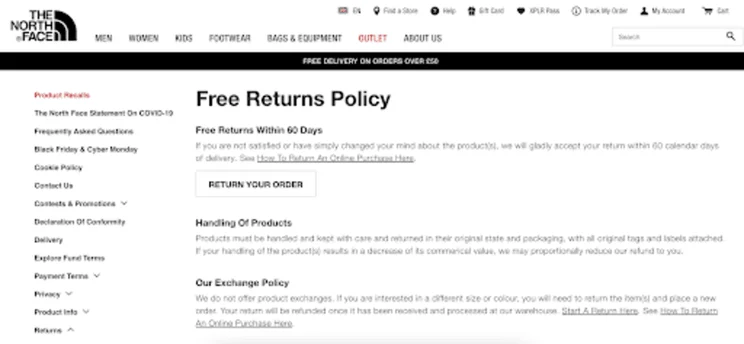 The North Face returns policy page