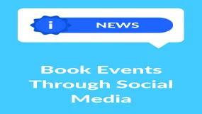 Graphic of a speech bubble above the words "book events through social media"
