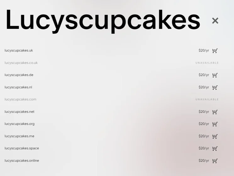 Squarespace domain search resulrs list for lucyscupcakes