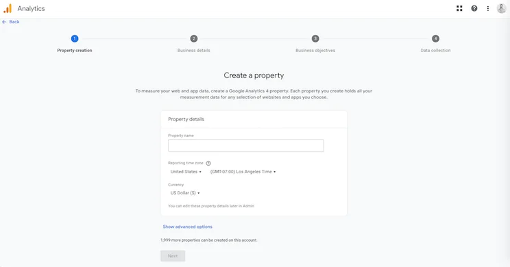 GA4 screenshot create a GA4 property