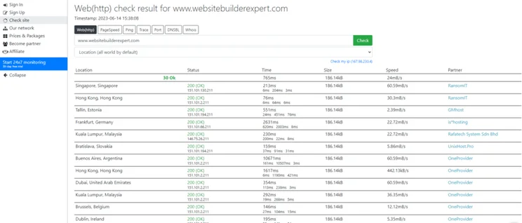 Host Tracker's results page for a check on Website builder Expert