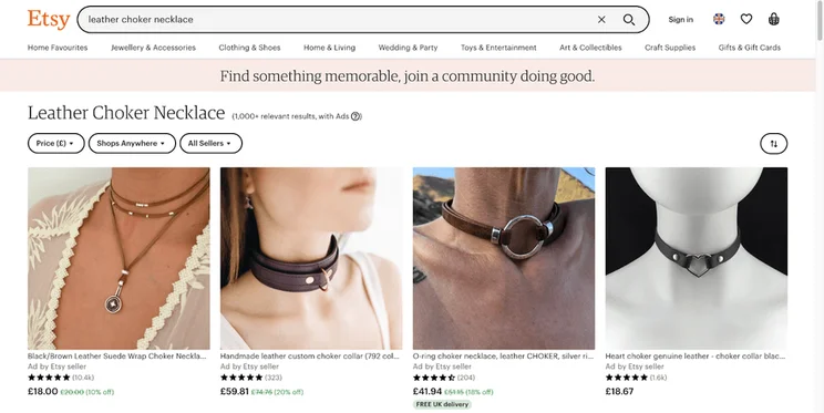 Product results on Etsy for leather chokers, shwoing four product photos of various leather chokers