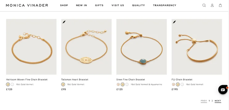 Four product photos of gold dainty bracelets on the Monica Vinader store