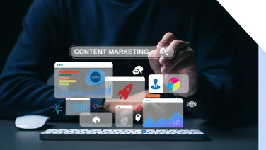 Photo of a person using a tablet with an overlay of website screen graphics
