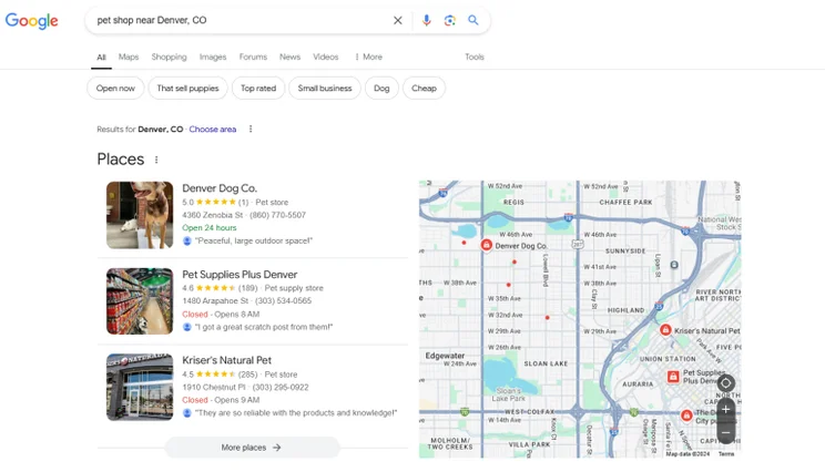 local seo search results for "pet shop near Denver, CA"