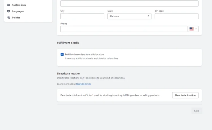 Shopify's shipping settings in the backend