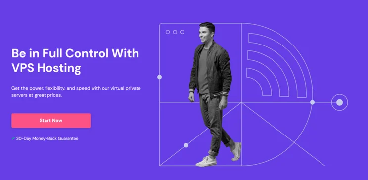 Hostinger VPS homepage. A purple background with a man on the right next to white text.