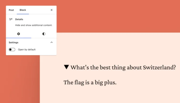 WordPress.com editor showing new Details Block.