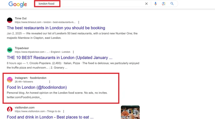 Instagram profile called london food showing in search results for the search term london food