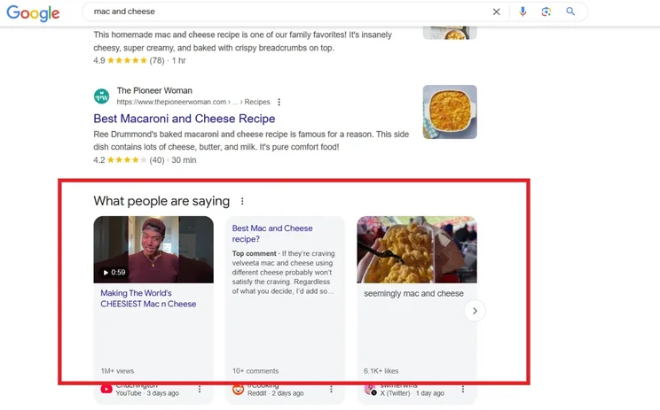 Google search for mac and cheese with youtube, X, and Reddit posts showing in the "what people are saying" section