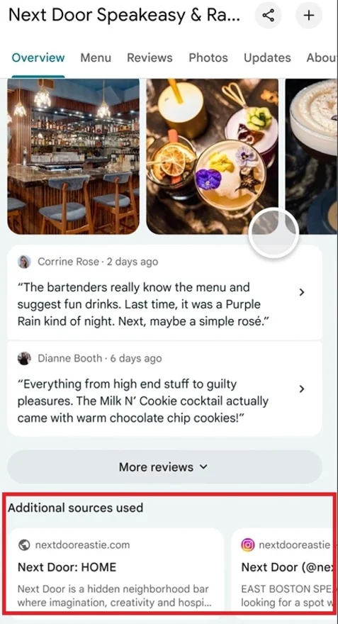 Google Maps business profile page for a bar with descriptions pulled from the business' Instagram page