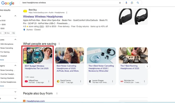 YouTube videos showing in search results for search best wireless headphones