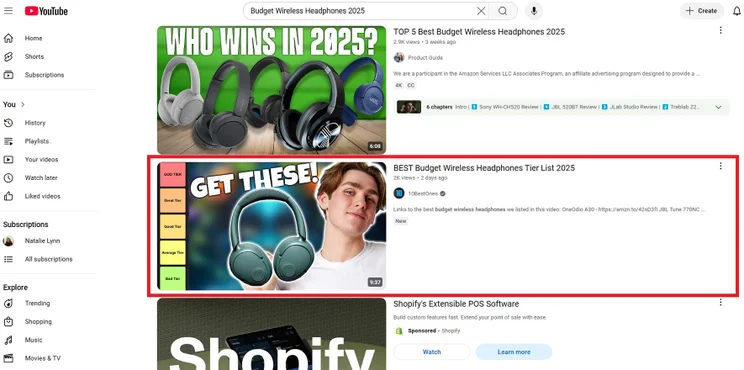 YouTube results page for search best wireless headphones 2025