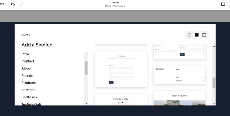 Pop up featuring library of pre-designed website elements, specifically showing contact form sections