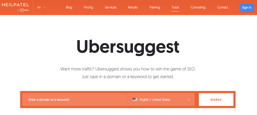 Ubersuggest homepage screenshot