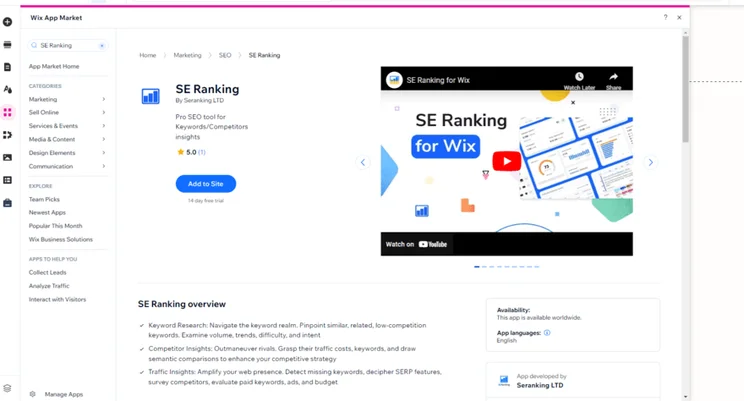 Image of Wix App Market showing SE Ranking app with details underneath in black text and a video in the top right hand corner.