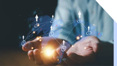 The palm of someone's hands with a graphic overay depicitng customers at different map locations