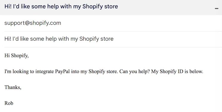 Shopify email support screenshot