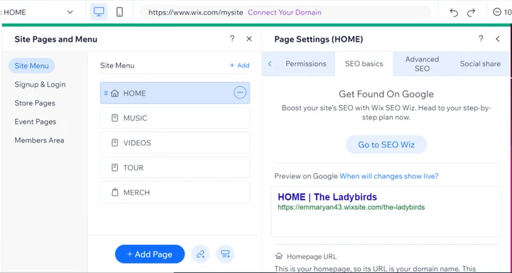 Wix SEO page settings in the website editor