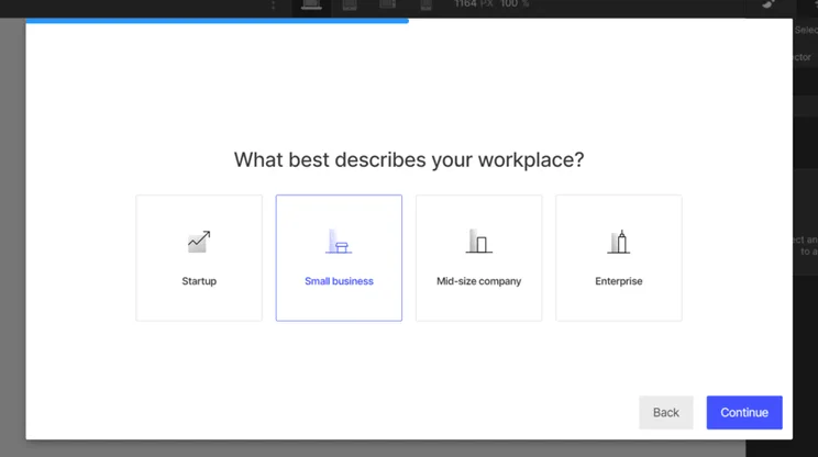Webflow sign up process asking what best describes your workplace