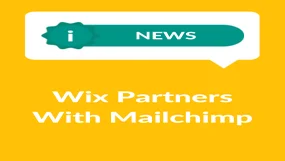 Yellow background with "Wix Partners With Mailchimp" in white text