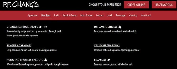 PF Changs restaurant menu screenshot
