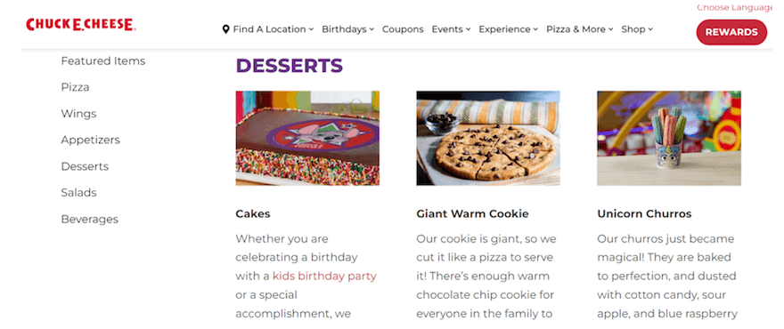 Chuck E Cheese restaurant menu screenshot