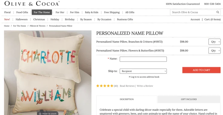 Personalized cushions with the names "Charlotte" and "William" for sale.