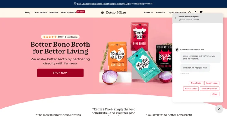 Kettle & Fire website homepage with a live chat pop up to the right of the screen