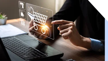 Person pointing at a floating icon of a shopping cart