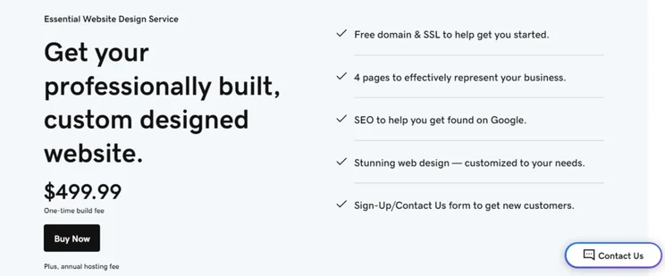 GoDaddy Web Design Service package information