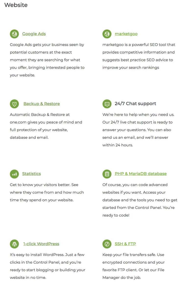 One.com website builder features screenshot from website