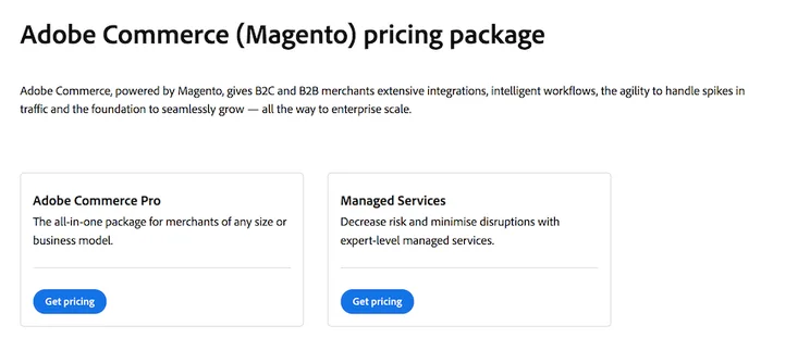 Adobe Commerce pricing packages website screenshot
