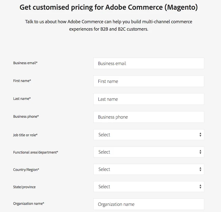 Adobe Commerce online webform to request a quote website screenshot