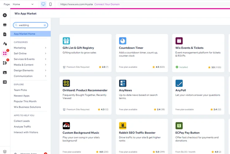 Wedding-related apps in Wix's app market