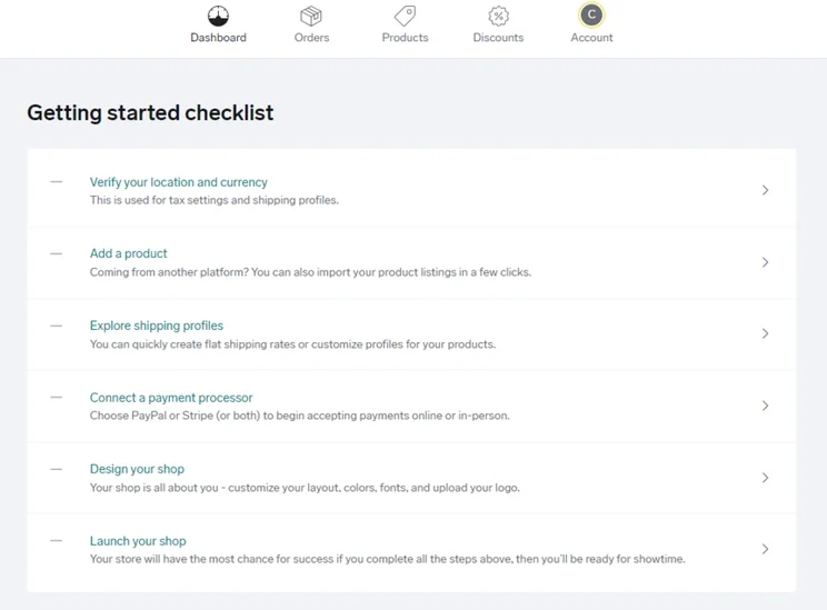 Big Cartel dashboard showing a Getting started checklist