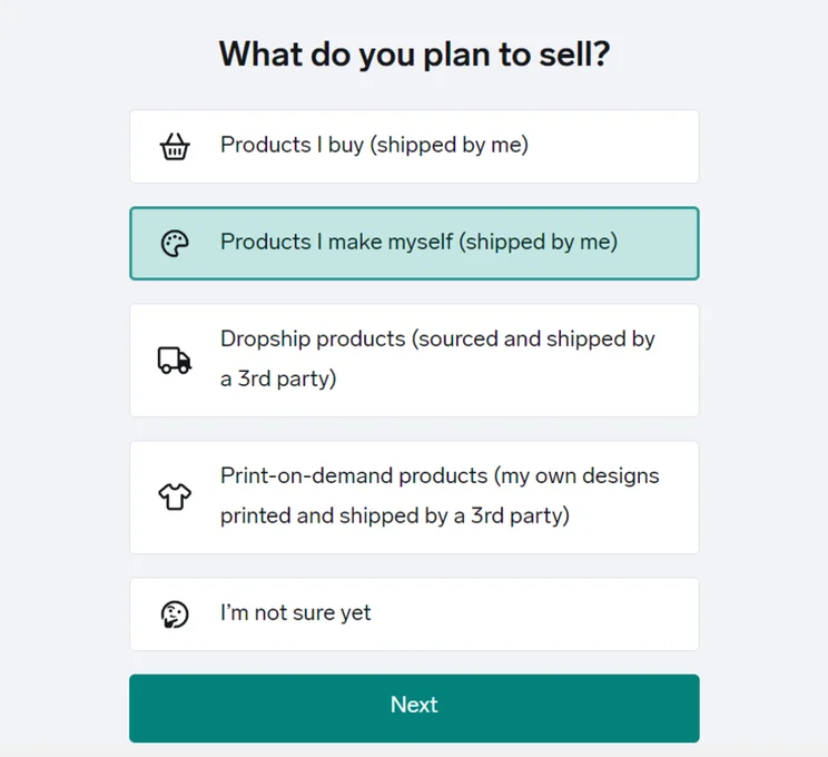 Big Cartel onboarding page with the question "What do you plan to sell?" with multiple choice options below