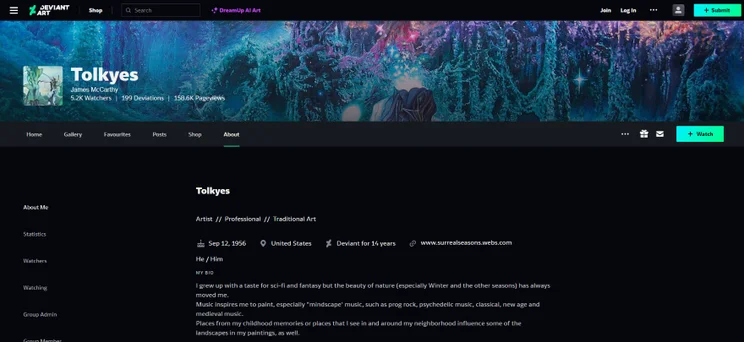 Screenshot of Tolkyes' DeviantArt profile showcasing his bio and account info.