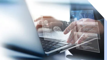 Person working on laptop with overlay of AI work on screens