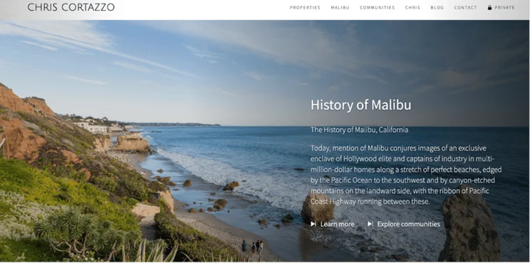 The webpage features a scenic coastal view of Malibu with a section titled "History of Malibu" describing the area's luxurious lifestyle and real estate.