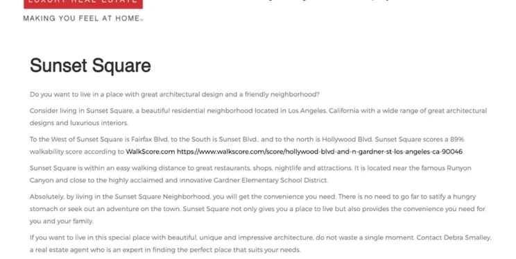 Text from a real estate website promoting Sunset Square, a neighborhood in Los Angeles with great architectural designs, walkability, and proximity to amenities and schools.