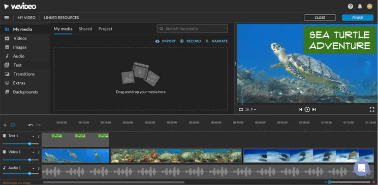 Screenshot of the WeVideo editing interface displaying a project titled 'Sea Turtle Adventure' with a preview window and a timeline containing video and audio tracks.