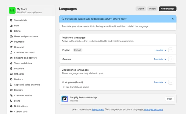 Shopify settings page for adding new languages to store