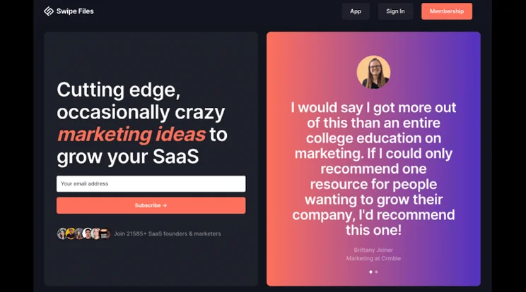 Swipe Files testimonial page