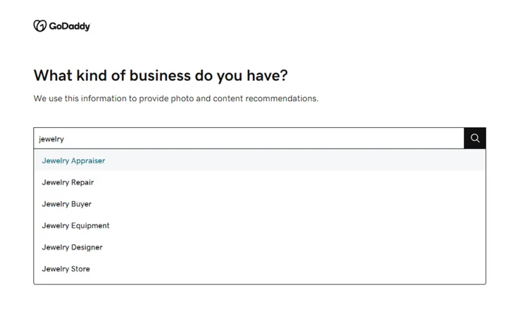 GoDaddy onboarding asking what kind of business you have
