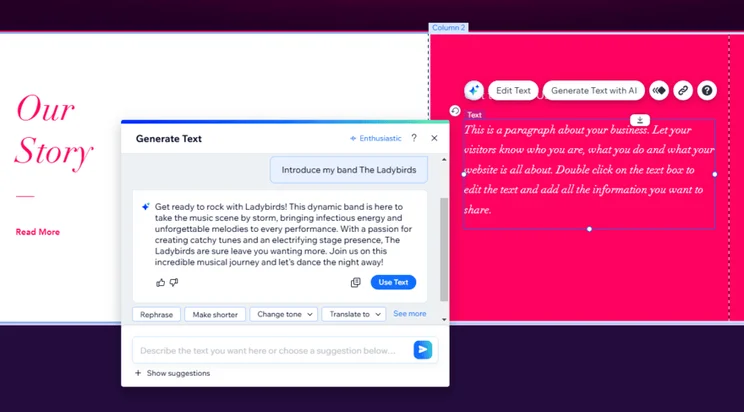 Wix's AI Text Creator in the website editor