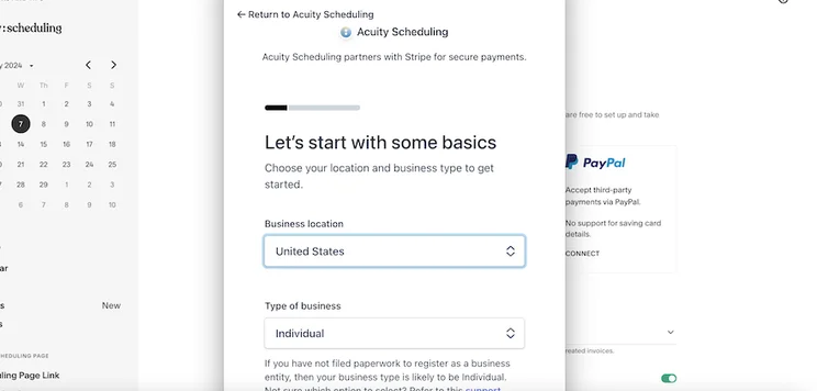 A popup with empty fields for users to populate in order to set up an integration with Stripe, the payment processor.